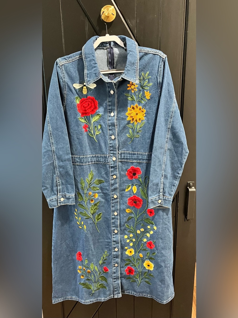 Embroidered Long-Sleeve Denim Dress in Blue